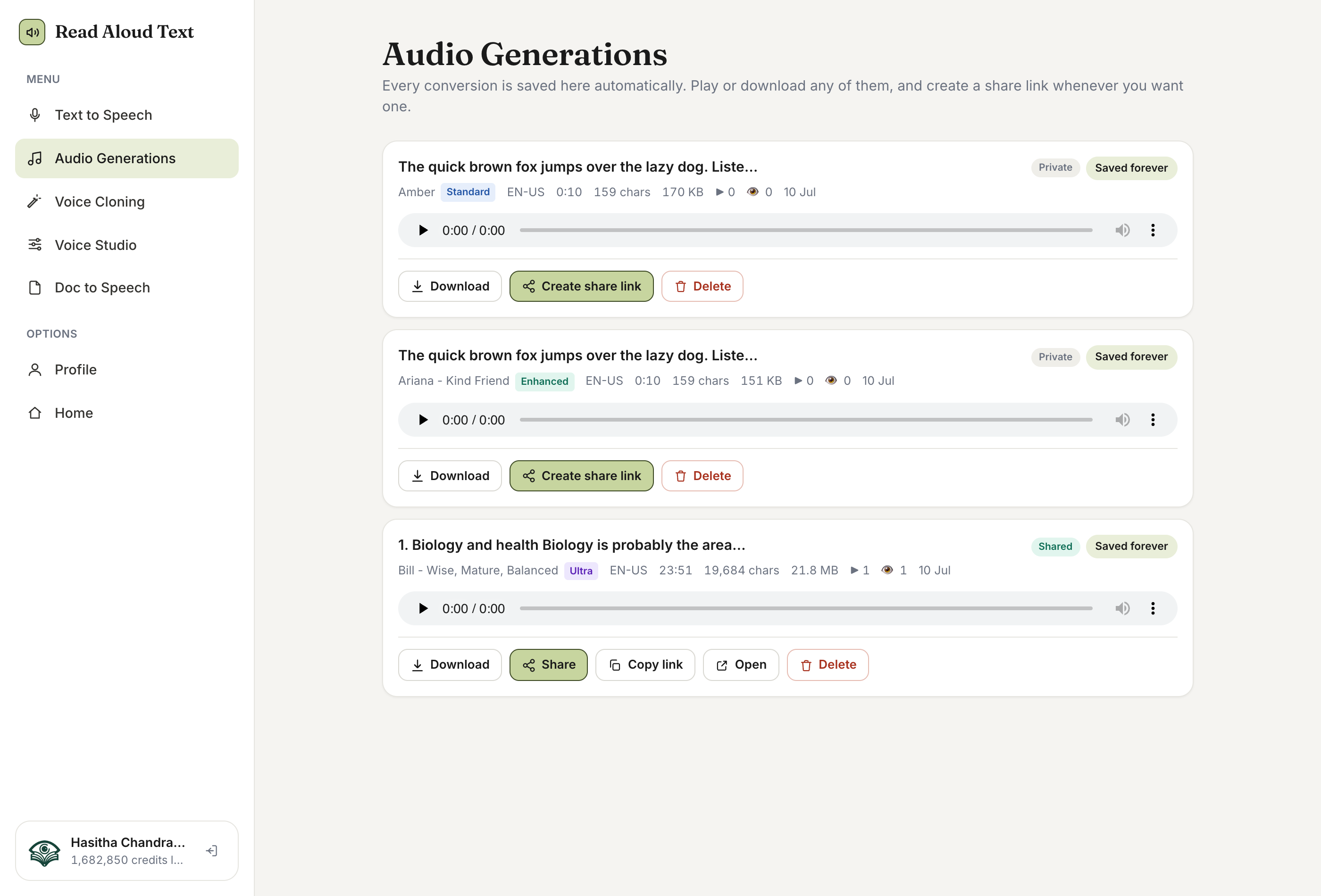 The Audio Generations library listing saved conversions with voice, tier, size, private/shared badges, and per-item actions.