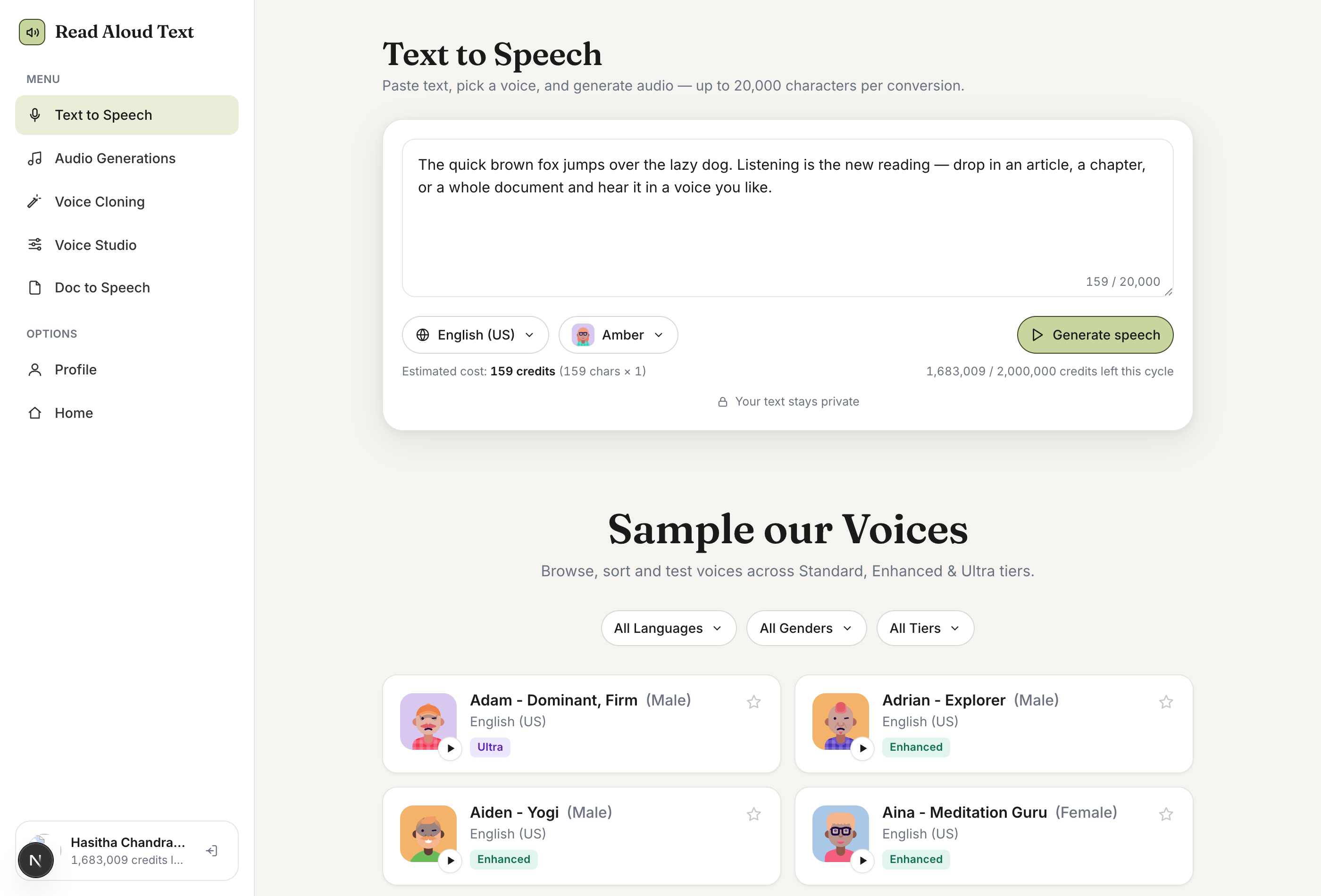 The Text to Speech tool with a language and voice selected, estimated cost, and the Sample our Voices gallery below.