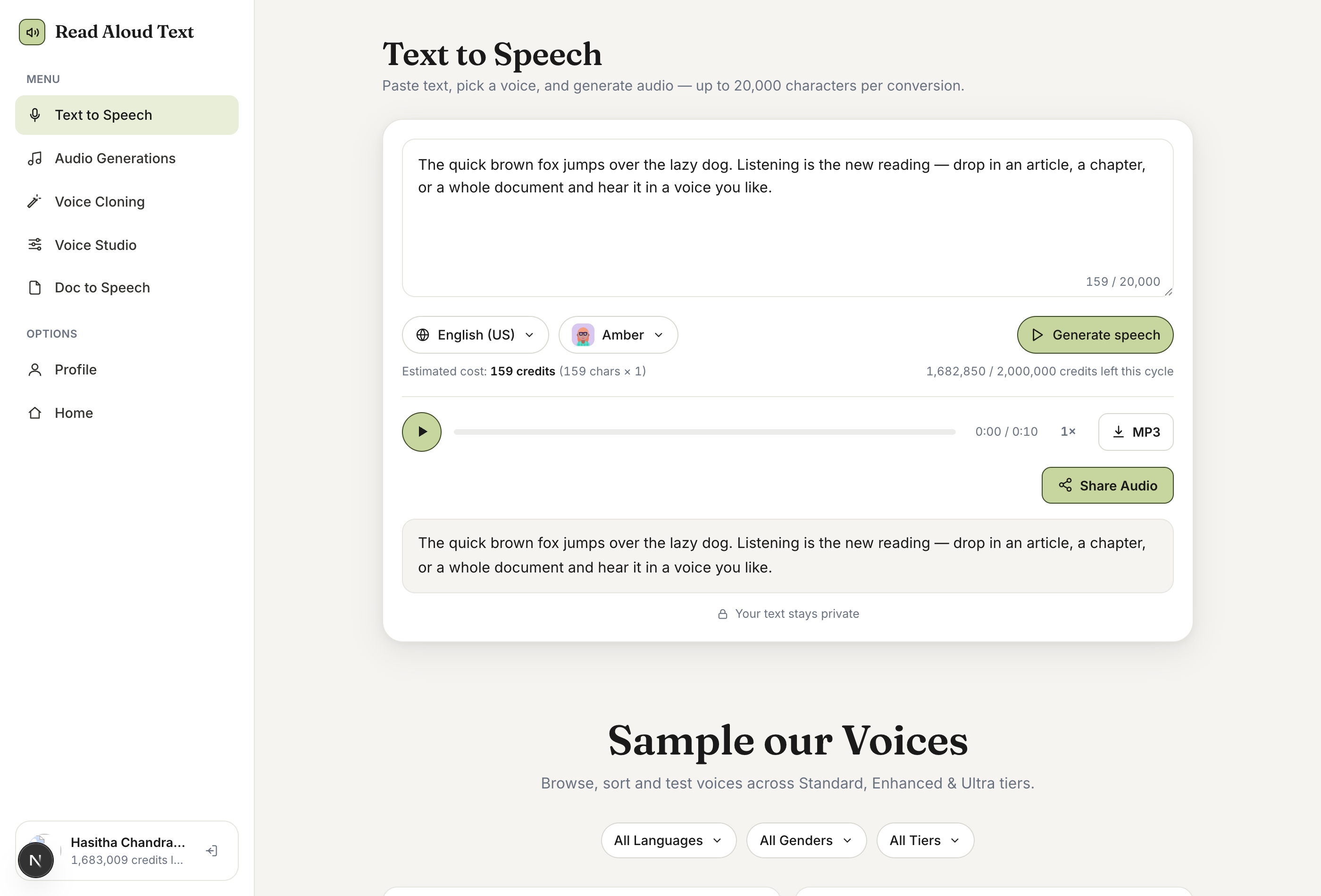 A generated result showing the player, speed control, MP3 download, Share Audio button, and the transcript.