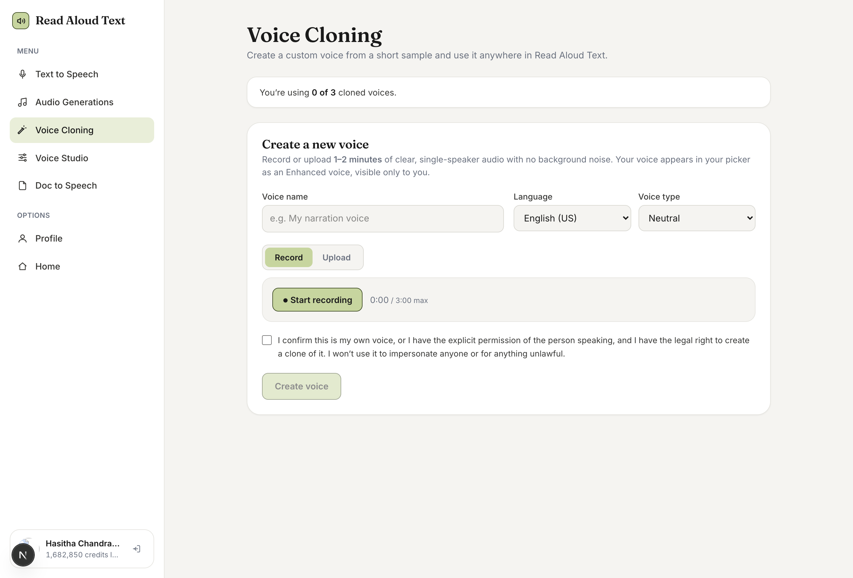 The Voice Cloning form with name, language, and type fields, record/upload tabs, a consent checkbox, and slot usage.