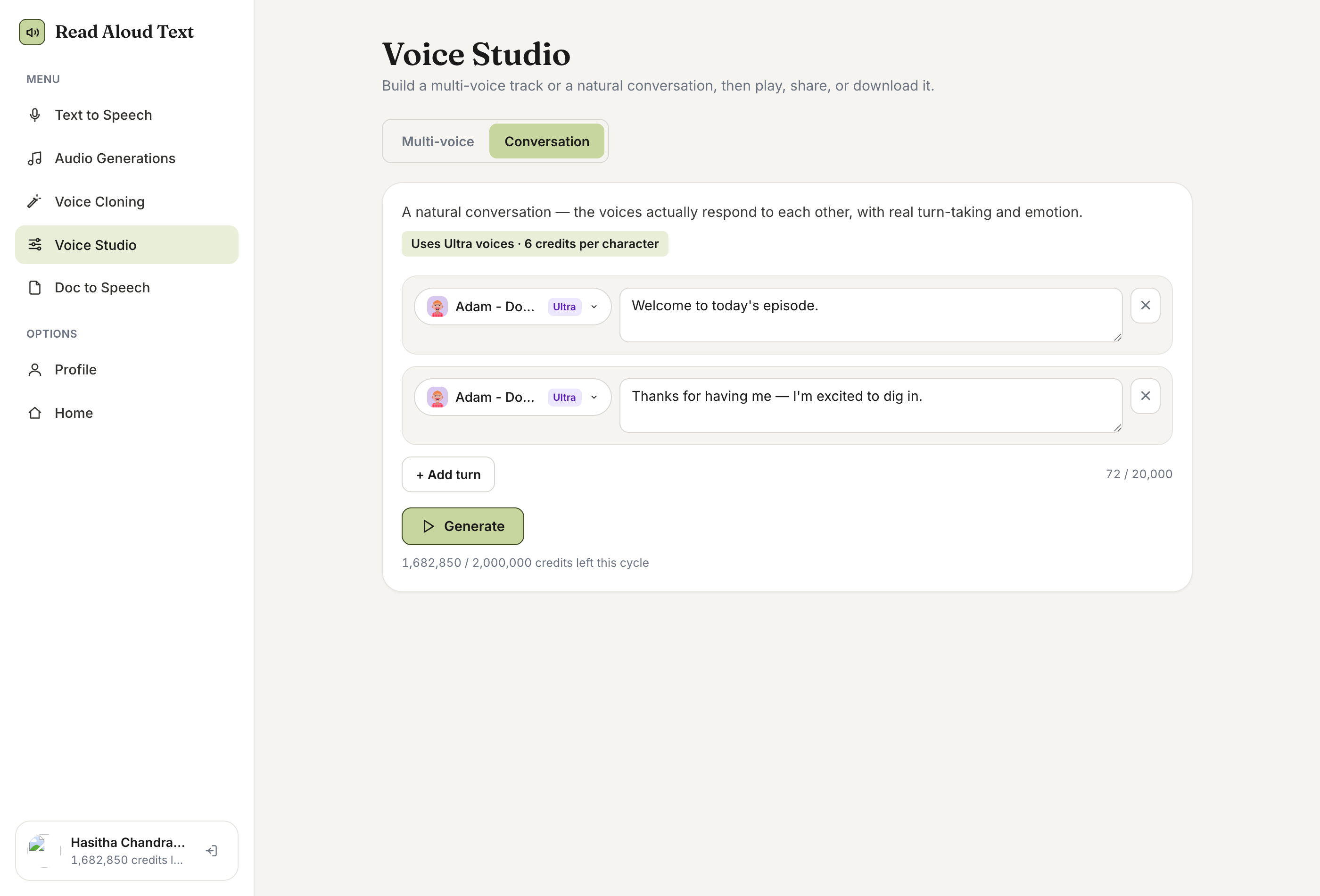 Voice Studio in Conversation mode using Ultra voices, with turns and a Generate button.