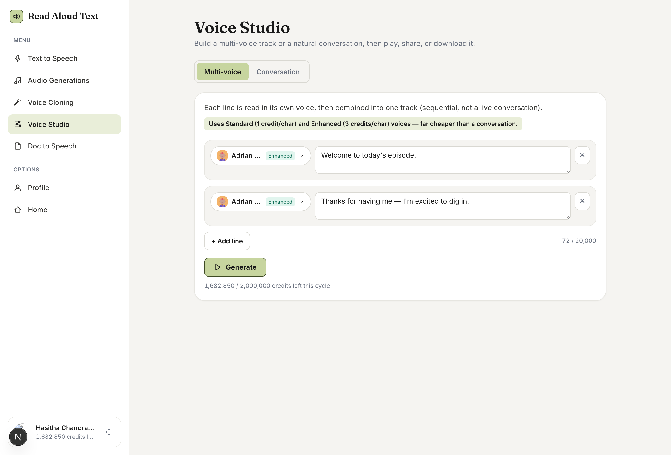 Voice Studio in Multi-voice mode with two lines, each assigned an Enhanced voice, and a Generate button.